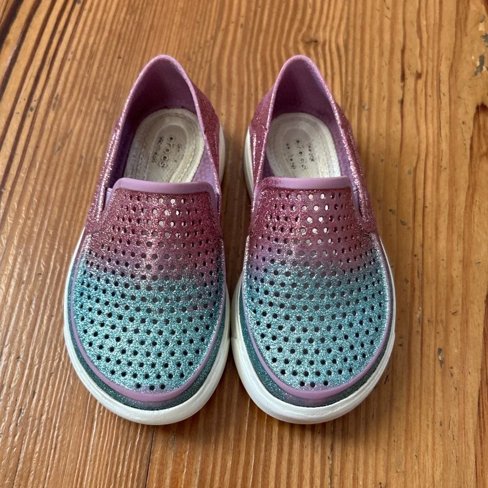 Crocs LiteRide Pacer Kids Pink Teal Glitter Ombre Slip On Sneaker SIZE 8